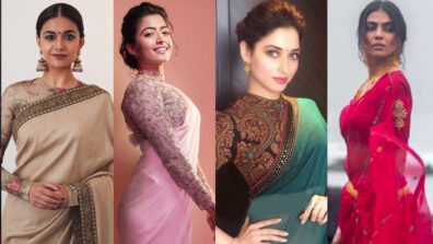 Ace the full-sleeve floral blouse design like Keerthy Suresh, Rashmika Mandanna, Tamannaah Bhatia and Malavika Mohanan to make a bold fashion statement