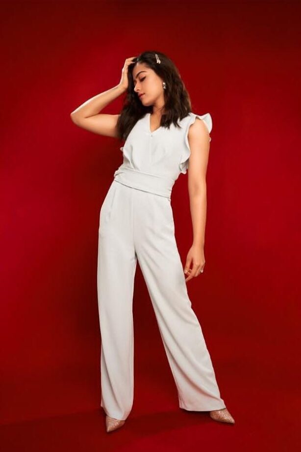 Check-Out: Rashmika Mandanna Looks Divine Flaunting The White Jumpsuit With Frill Sleeves - 1