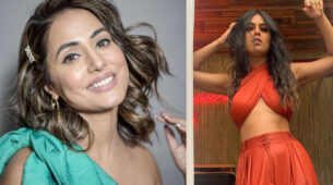 Hot Photos: Learn the wrap crop top palazzo & one-shoulder silk outfit style from ‘boss babes’ Nia Sharma & Hina Khan