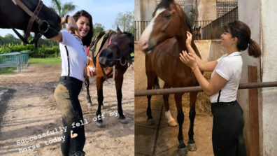 Jacqueline Fernandez falls down from a horse