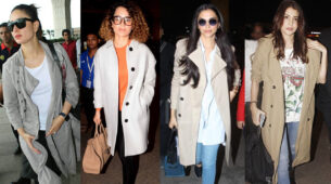 Learn the stylish trench coat airport fashion like Kareena Kapoor, Kangana Ranaut, Deepika Padukone & Anushka Sharma