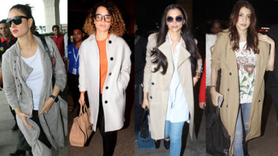 Learn the stylish trench coat airport fashion like Kareena Kapoor, Kangana Ranaut, Deepika Padukone & Anushka Sharma