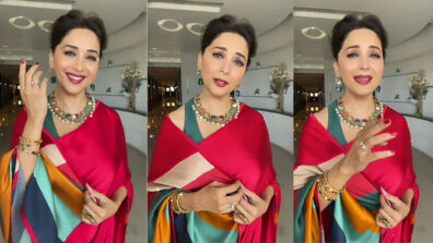 Madhuri Dixit Nene flaunts in Silk multicolor stripped saree and sings ‘अजीब दास्ताँ है ये’