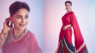 Madhuri Dixit stabs hearts in red silk saree & pearl jewellery, we can’t stop drooling