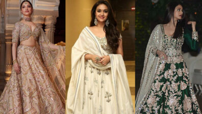 Raise the oomph game with your desi vibes in a traditional V-neck lehenga like Tamannaah Bhatia, Keerthy Suresh & Aishwarya Rai