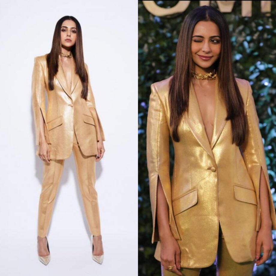 Rakul Preet In Solid Vs Sonakshi Sinha In Stripe: Which Diva Has A Panache Pantsuit Fashion? - 0