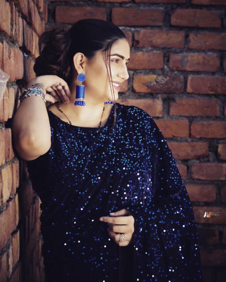 Sapna Choudhary Living Out The Desi Vibes In Blue Sequin Saree - 3