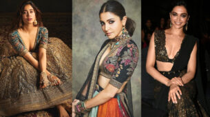 Your golden opportunity to woo your crush in traditional deep v-neck blouse lehenga like Janhvi Kapoor, Anushka Sharma & Deepika Padukone