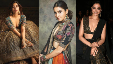 Your golden opportunity to woo your crush in traditional deep v-neck blouse lehenga like Janhvi Kapoor, Anushka Sharma & Deepika Padukone