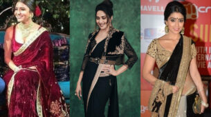 Burn the oomph quotient in a hot velvet saree like Anushka Sharma, Madhuri Dixit & Shriya Saran