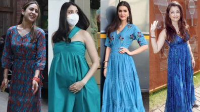 Burn the vogue game like Sara Ali Khan, Anushka Sharma, Kriti Sanon, & Aishwarya Rai in a teal blue maxi dress to woo your crush