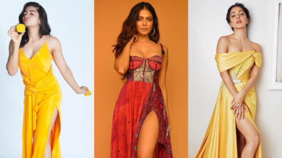 Flaunt your hot legs in a low neckline thigh-high slit dress like Rashmika Mandanna, Malavika Mohanan & Kiara Advani