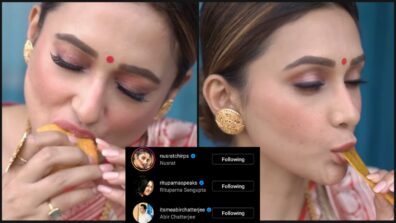 Mimi Chakraborty enjoys delicious mangoes wearing traditional Bengali saree, Nusrat Jahan, Rituparna Sengupta and Abir Chatterjee love it