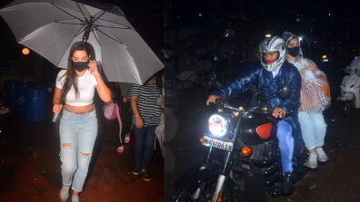 Nora Fatehi enjoys Mumbai monsoon with a bike ride near Versova Jetty in a white crop top & ripped denims, fans sweat