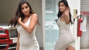 Nora Fatehi flaunts her super hot legs in a body con dress while getting down from her swanky Mercedes, see viral moment