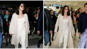 Selena Gomez’s Luxurious Airport Looks Will Shock You- A Ribbed Gray-White Top And Trousers, Chunkier Ivory Sweater On Top, Pointy Boots & Stark White Leather