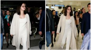 Selena Gomez’s Luxurious Airport Looks Will Shock You- A Ribbed Gray-White Top And Trousers, Chunkier Ivory Sweater On Top, Pointy Boots & Stark White Leather