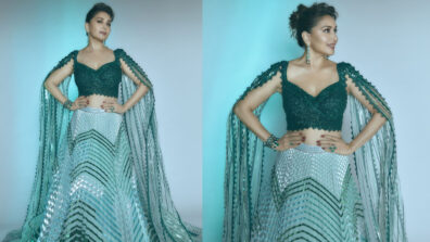 Royalty Personified: Madhuri Dixit looks like a regal queen in green cape style lehenga, fans feel ‘dhak dhak’ in their hearts