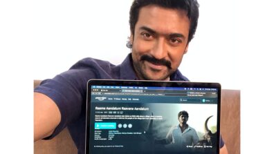 An overwhelmed Suriya watches his recently released movie, Raame Aandalum Ravane Aandalum, launched exclusively on Amazon Prime Video