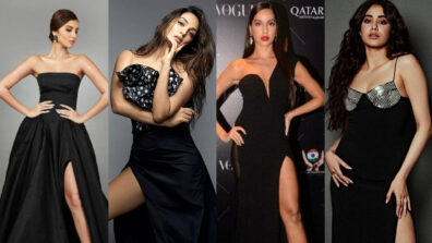 Flaunt your hot pair of legs in sensuous black thigh high outfits like Tara Sutaria, Kiara Advani, Nora Fatehi and Janhvi Kapoor to woo your crush