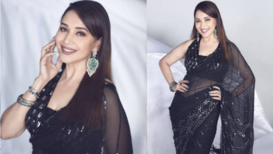 Too Glam To Give A Damn: Madhuri Dixit dazzles in a resplendent black transparent saree, netizens in awe of her shining hoop earrings