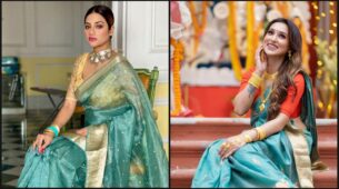 Durga Puja 2021 Fashion Goals: Take cues for the perfect ‘Subho Maha Saptami’ saree look from Bengali divas Nusrat Jahan and Mimi Chakraborty