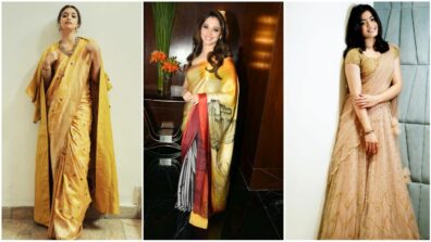 Keerthy Suresh, Tamannaah Bhatia and Rashmika Mandanna show the world how to carry a golden saree with charm and elegance, see pics