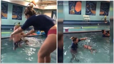 Oh My God! A Viral Video Of A Mother Who Throws Her Baby In Pool To Teach Swimming, Netizens Trolling This Mother Badly