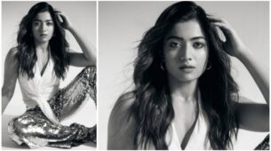 Rashmika Mandanna Sets The Temperature Soaring In Her Latest Monochrome Photo; Aces The Shimmery Pants Look
