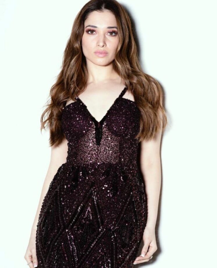 Sequin Ensemble! Tamannaah Bhatia Flaunts Her Envious Curves In A Plum Dress; We Are In Awe Of The Sartorial Pick - 1