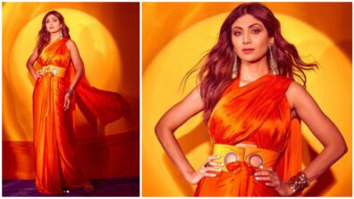 Shilpa Shetty Is Looking Absolutely Fabulous In Her Orange Saree With Golden Heels And Jewellery, Take Cues