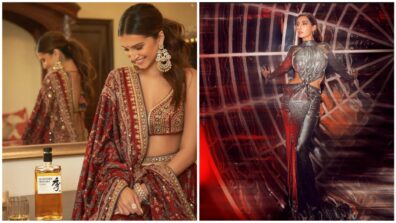 Desi Vs Videsi Diwali Style: Tara Sutaria’s gorgeous red lehenga Vs Nora Fatehi’s shimmery hot silver bodycon dress, what’s your pick this year? (Ultimate Fan Battle)