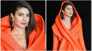 Priyanka Chopra’s super hot saffron orange short blazer shaw cape style is giving Pooja Hegde and Vidya Balan ‘vogue goals’