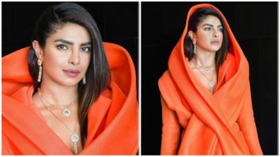 Priyanka Chopra’s super hot saffron orange short blazer shaw cape style is giving Pooja Hegde and Vidya Balan ‘vogue goals’