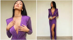 Esha Gupta raises the temperature in a plunging neckline lavender slit gown, you can’t take your eyes off her