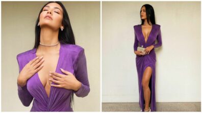 Esha Gupta raises the temperature in a plunging neckline lavender slit gown, you can’t take your eyes off her