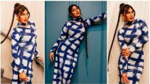 How Cute: Priyanka Chopra is a hot damsel in blue and white striped bodycon dress, Nick Jonas poses for a ‘bear hug’