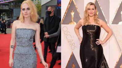 In love with off-shoulder metallic dresses? Take voguish inspiration from Kate Winslet & Kristen Stewart