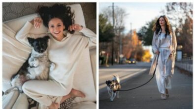 Nina Dobrev Wears Stylish And Cozy LILYSILK Clothes While Cuddling With Her Pet Maverick