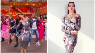 Nora Fatehi looks Charismatic in an off-shoulder silver metallic bodycon dress