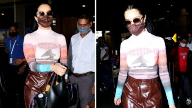 Shraddha Kapoor pairs brown leather pants along with Dhruv Kapoor t-shirt for a fresh airport look!!!