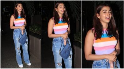 Spotting Alert! Pooja Hegde Was Spotted At Mumbai Airport Wearing A Cute Colourful Striped Crop Top Pair With A Jeans And Sneakers, See Here