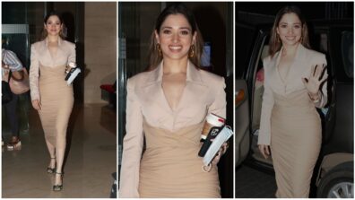 Tamannaah Bhatia Looks Jaw-Dropping In A Beige Bodycon Dress; Take A Look