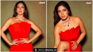 Bhumi Pednekar shines bright like diamond in red velvet strapless outfit, Rajkummar Rao is impressed