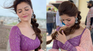 Bigg Boss winner Rubina Dilaik enjoys windy moment on set, looks sizzling diva in deep-neck blouse and lavender lehenga