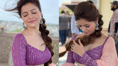 Bigg Boss winner Rubina Dilaik enjoys windy moment on set, looks sizzling diva in deep-neck blouse and lavender lehenga