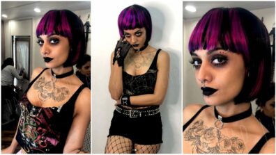 Divya Agarwal Rocks A Black Grunge Look With Black Lips, A Short Lilac Black Highlighted Hairstyle, And A Smoky Eye