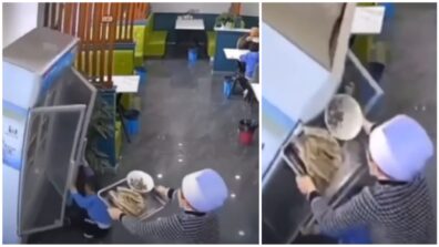 Incredible Video! A Waiter Uses Food Tray To Save A Mischievous Little Kid From Being Crushed By A Refrigerator, Watch