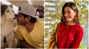 Inside Flight Fun: Vijay Deverakonda gets goofy with his dog, Rashmika Mandanna winks and says, “Happy…”