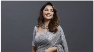 Madhuri Dixit Looks Like Royalty In A Grey Sequined Saree And Shoes; See Pictures
